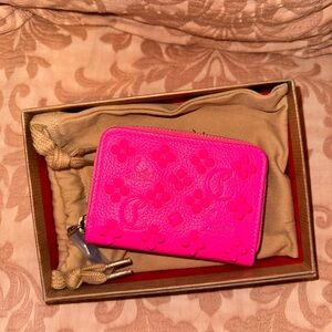 Christian Louboutin coin purse zip around wallet neon pink